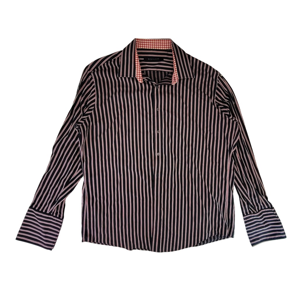 Sean John Mens Black Red Striped Dress Shirt Regular Fit Size 17.5 34/35